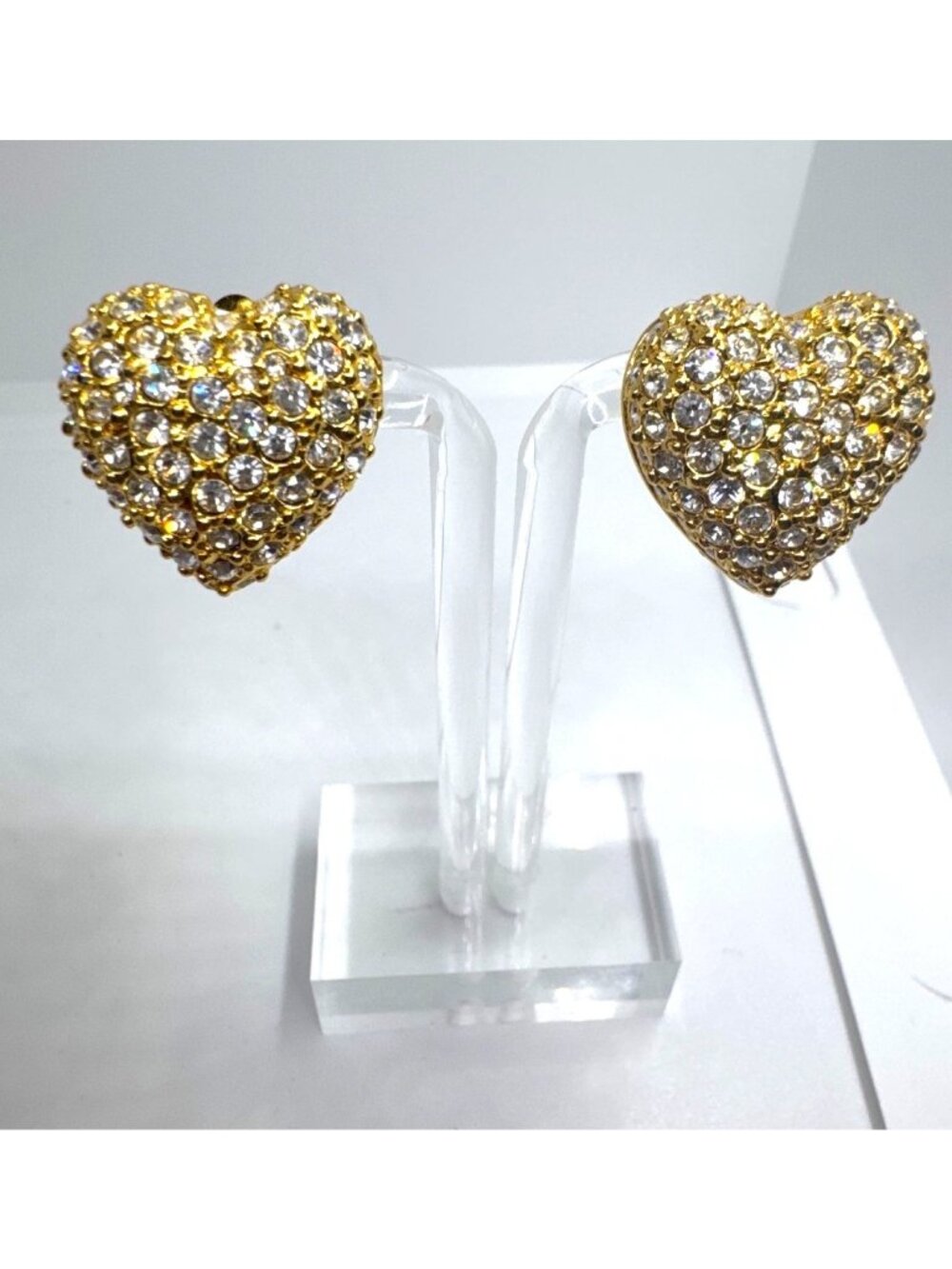 Vintage Joan Rivers Gold-Tone Pave Rhinestone Heart Clip On Earrings Signed Glam